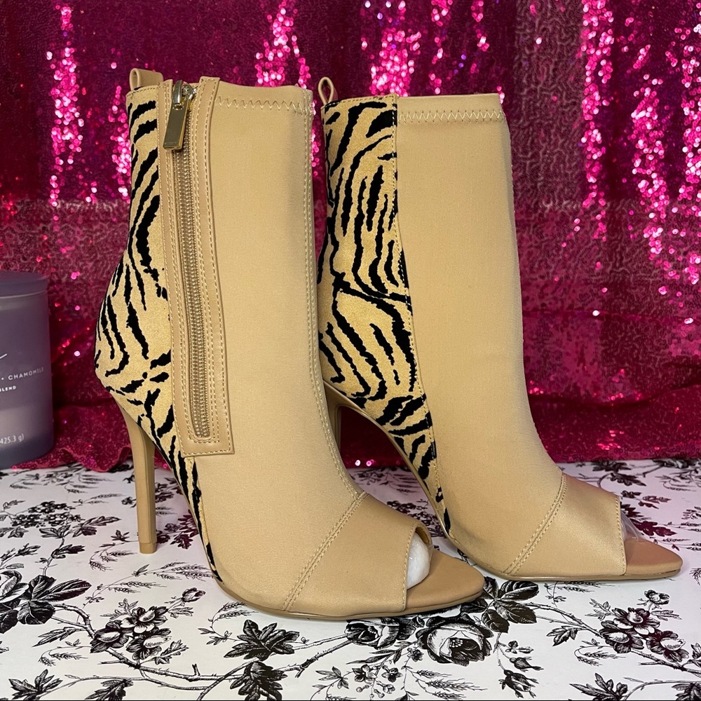 Zebra print open toe boots